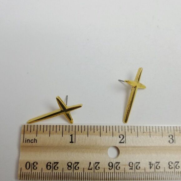 Vintage Gold Tone Cross Shape Stud Earrings, Religious Posts, Nice Size - Picture 4 of 6